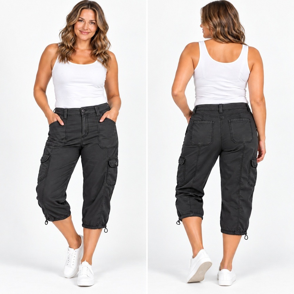 Style & Co Womens Cargo Capri Pants Black Stretch Utility Crops Size 14
